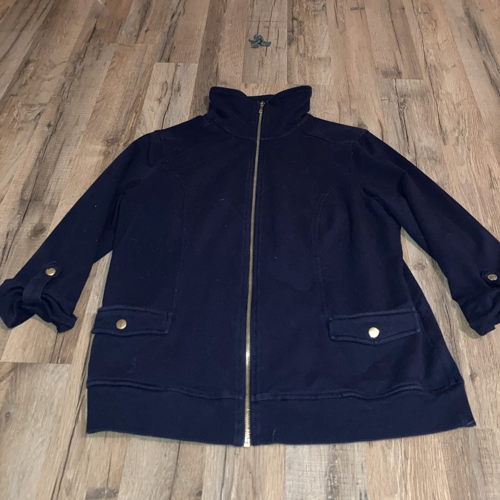 Karen Scott Sportโ Women's Zip-up Jacket Navy Blue Petite Large Gold Accents